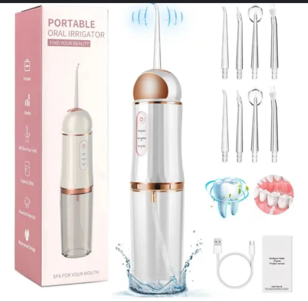 Irrigador Bucal Portátil Profesional - Kit de Limpieza Dental con 4 Boquillas y 3 Modos de Presión