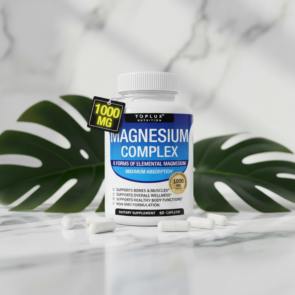 Magnesium Complex ToPlux Nutrition - Lifestyle sobre mármol con hojas verdes